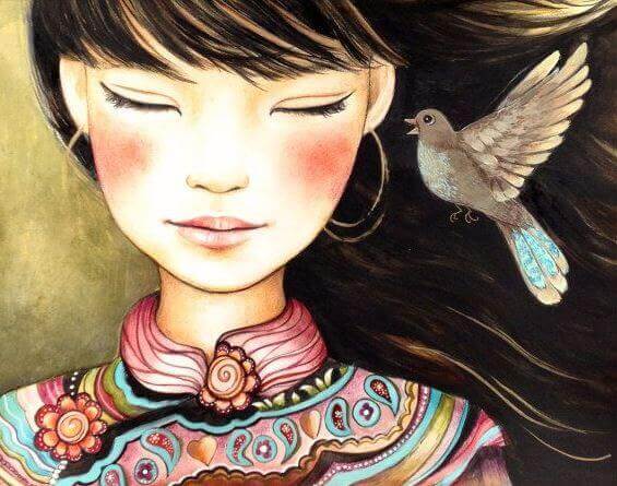 Fugl hvisker noe i kvinnes øre