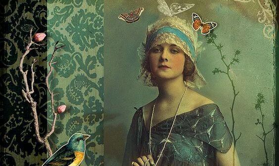 kvinne med sommerfugler og fugler