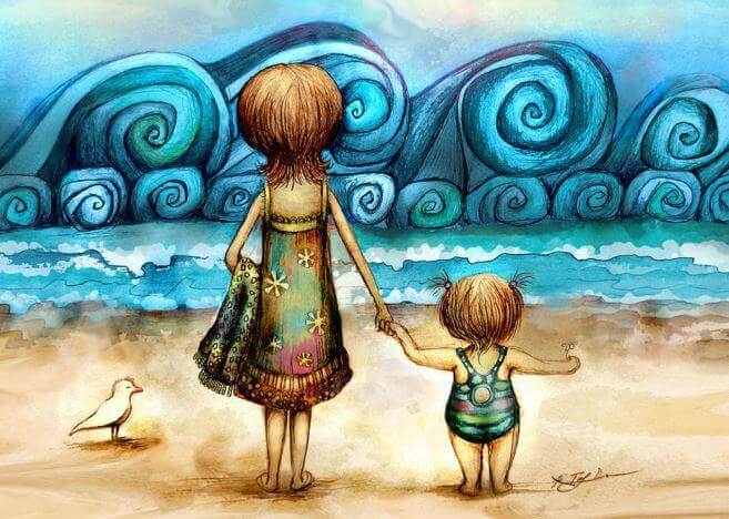 mor og barn pa stranden
