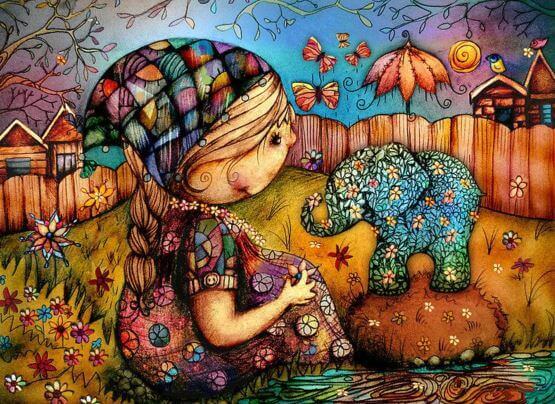 Jente og elefant i spennende omgivelser