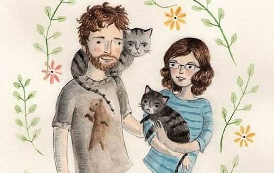mann og kvinne med katter