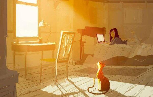 Katt i solen og jente ved datamaskinen