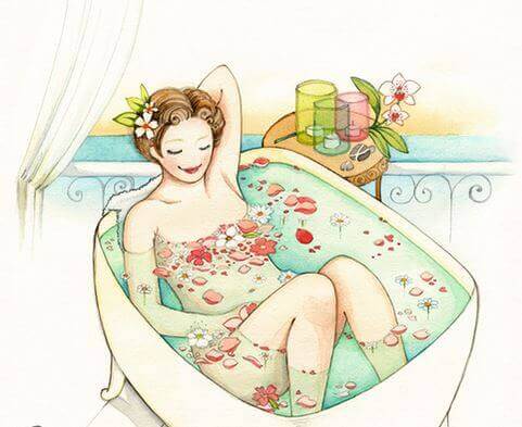 kvinne i badekar med blomster