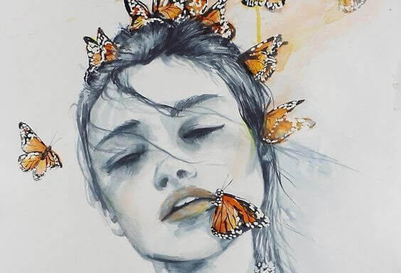 Kvinne med sommerfugler i ansiktet