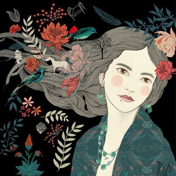 Blomster og dyr i kvinnes hår