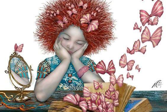 Jente ser på at sommerfugler kommer ut av en bok