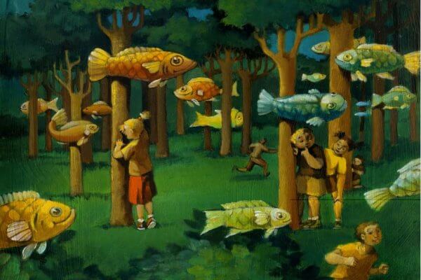 Barn i en skog med flyvende fisk