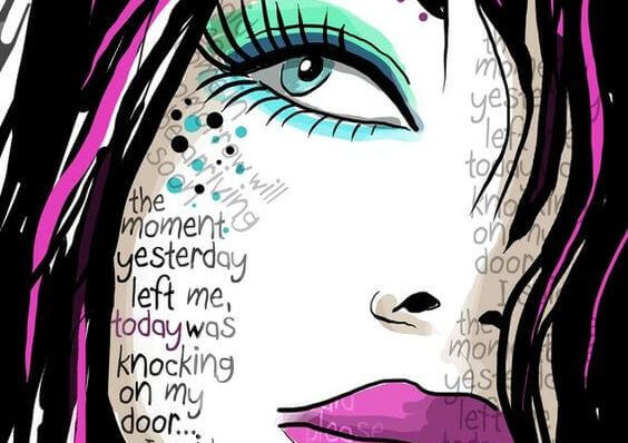 Kvinnes ansikt fylt med ord