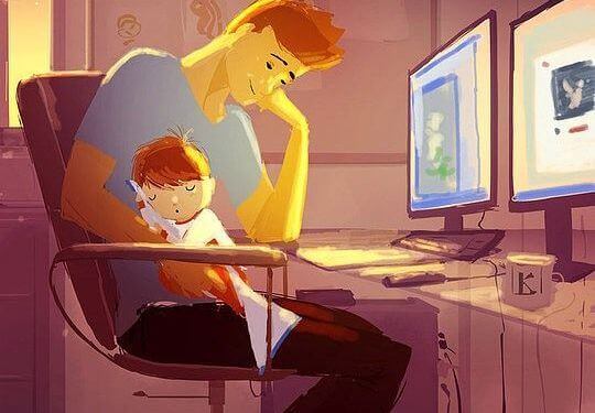 Far og søvnig barn foran datamaskinen