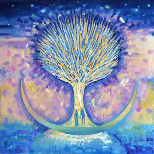 Maleri av mann og kvinne foran et tre