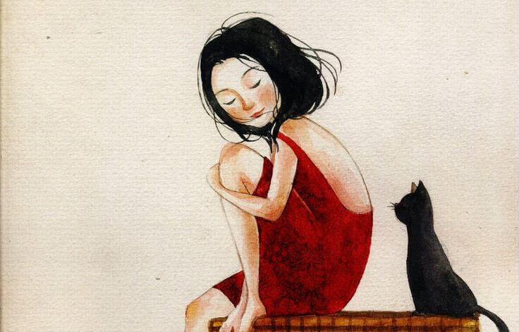 Kvinne i rød kjole sitter sammen med en svart katt