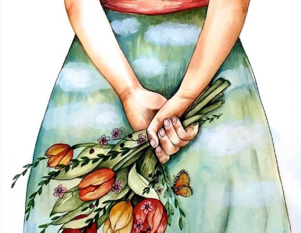 Kvinne holder en blomsterbukett bak seg