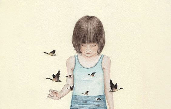 Trist jente med fugler