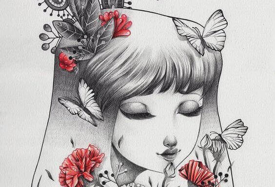 Jenter med blomster og sommerfugler