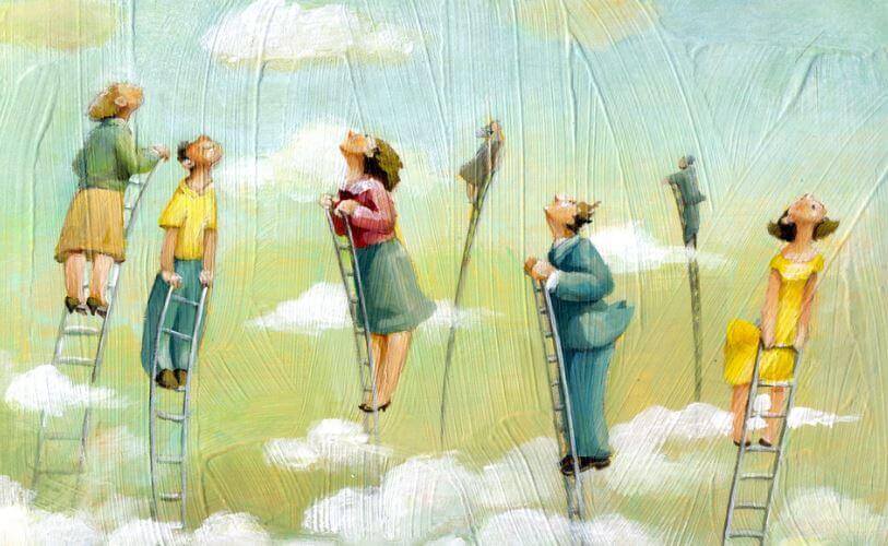 Folk i stiger ser opp mot himmelen