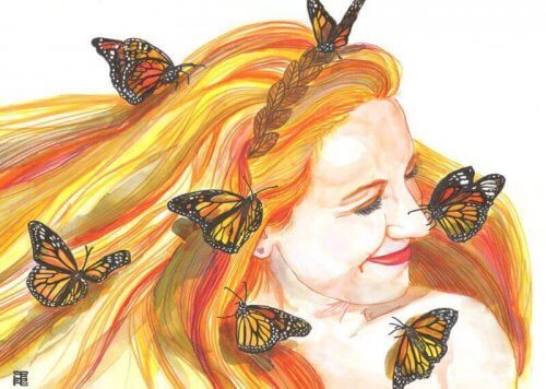 Kvinne med sommerfugler vil le hver dag