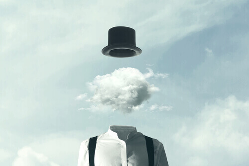 Mann med hatt med en sky som hode