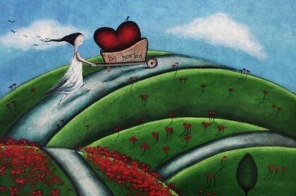 Kvinne går med hjerte