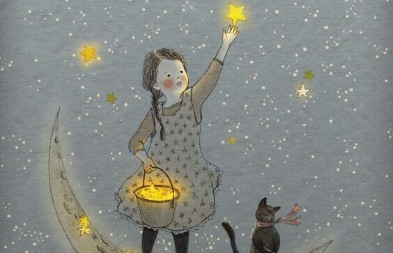 Jente plukker stjerner fra himmelen