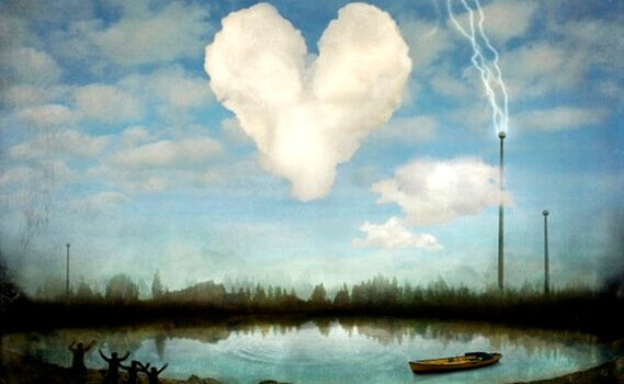 En hjerteformet sky over en innsjø