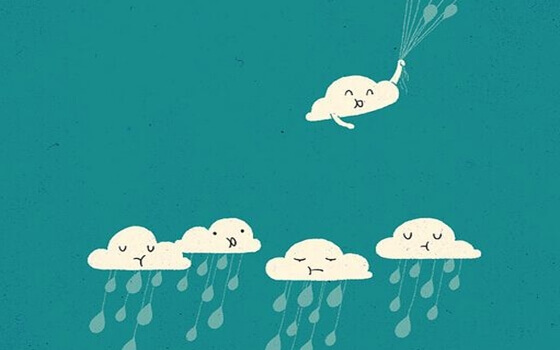Triste regnskyer og en glad sky med ballonger