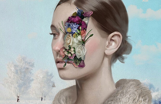 Kvinne med blomster som kommer ut av et sår i ansiktet hennes