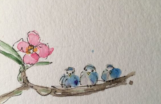 Akvarellmaling, tre fugler sitter på en gren