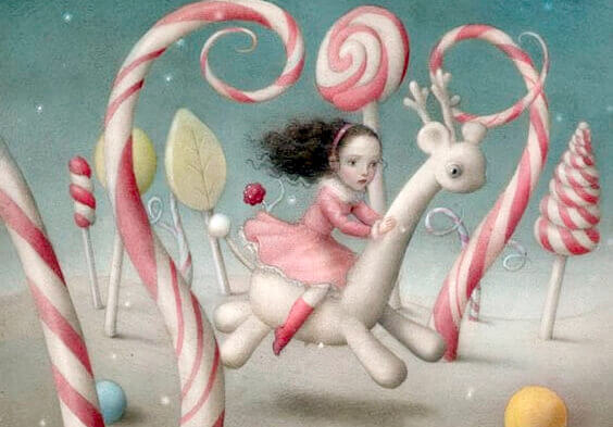 En liten jente i en fantasiverden med godteri