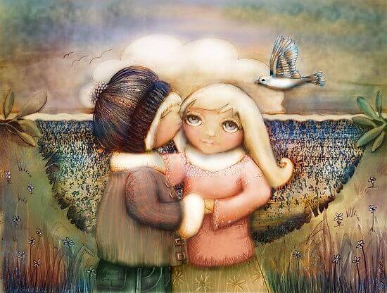 En gutt som kysser en jente i et kunstverk