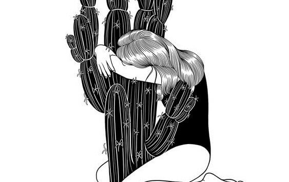 kjærlighet og smerte, en kvinne og en kaktus som omslutter henne