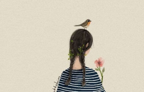 Jente med fugl på hodet