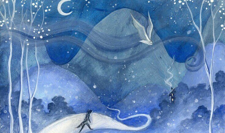 Et trist blått landskap om natten.