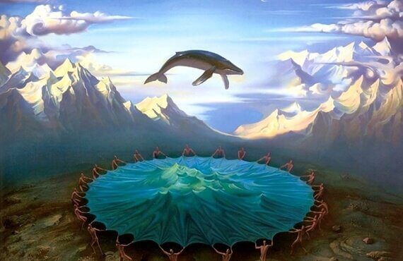 En hval som hopper på en stor trampoline