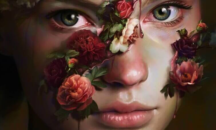 En jente med blomster kommer ut av ansiktet hennes.