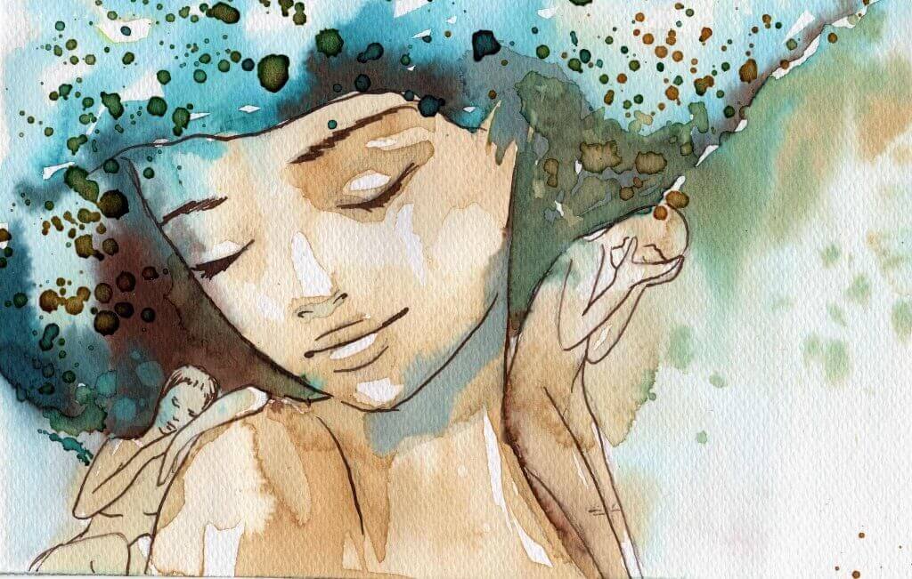 En kvinne malt i akvarell har øynene lukket.