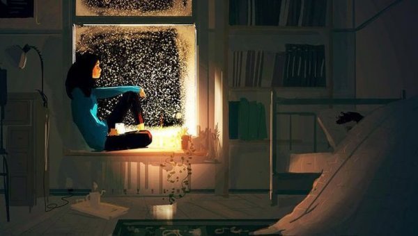 Kvinne sitter i vinduet om natten