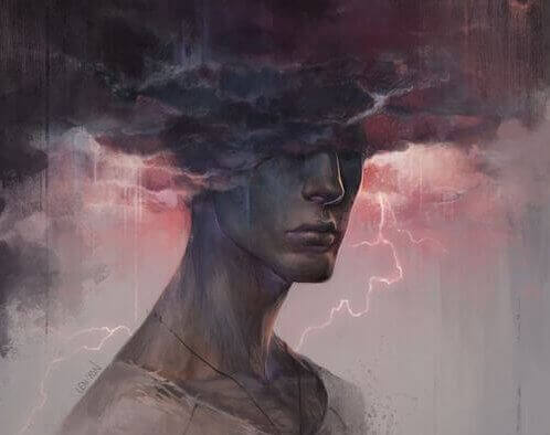 en mann med en mørk sky over hodet hans