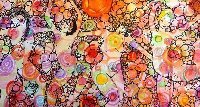 Nakne kvinner på fargerik bakgrunn