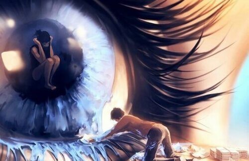 Små mennesker i et stort øye.