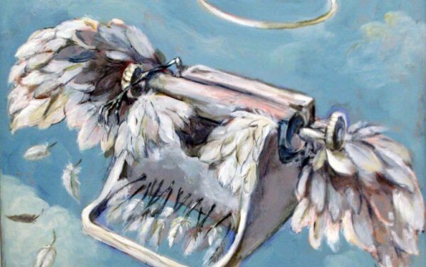 Skriver med fjær flyr