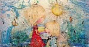 En tegning av to barn