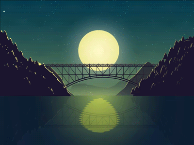 En GIF av et tog som krysser en bro om natten.