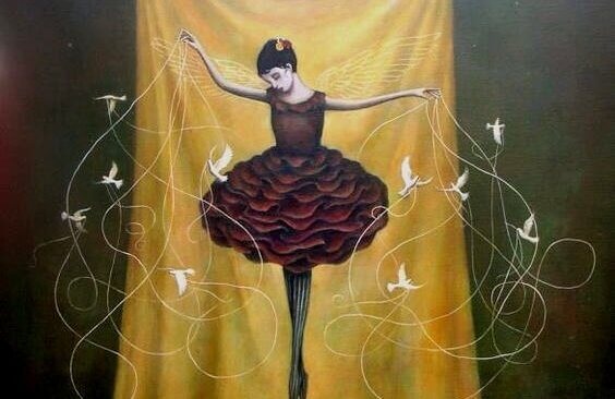 En ballerina danser med mange fugler.
