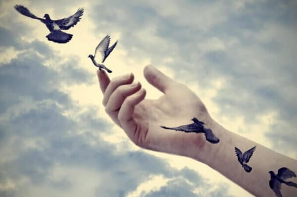 Fugler som letter fra en hånd