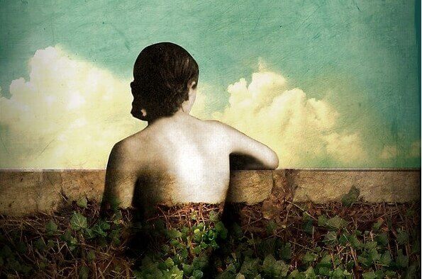 Maleri av en jente som sitter ved en mur