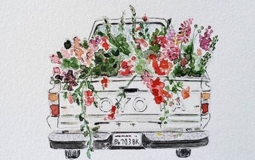 En tegning av en bil full av blomster