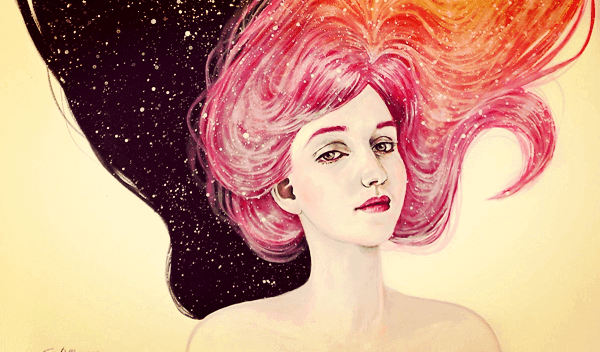 Kvinne med rosa hår i universet