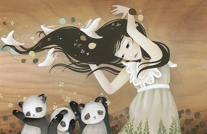 En jente og flere pandaer