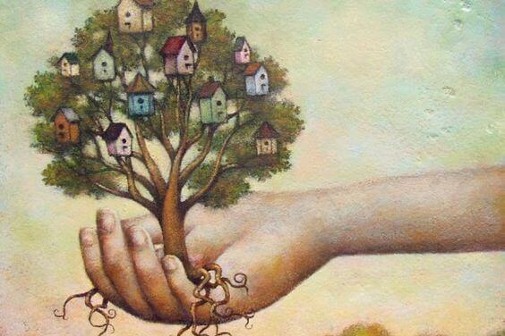 et tre med røtter og hus