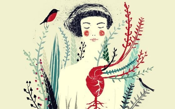 Kvinne med fugl og planter